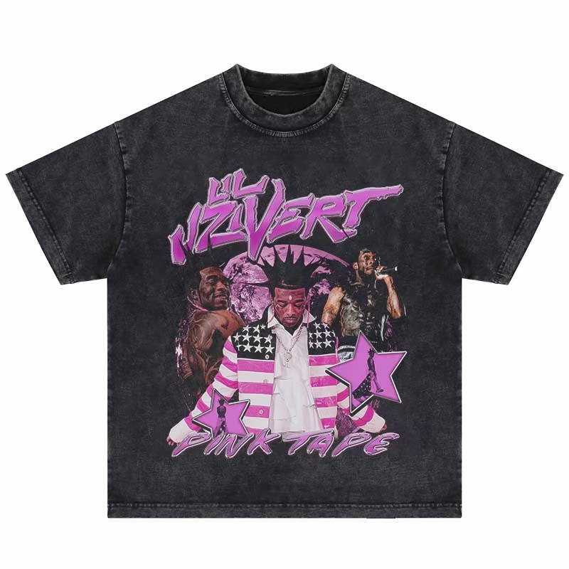 Lil Uzi Vert Pink Tape Graphic Print Tee (Washed Black, S-3XL)